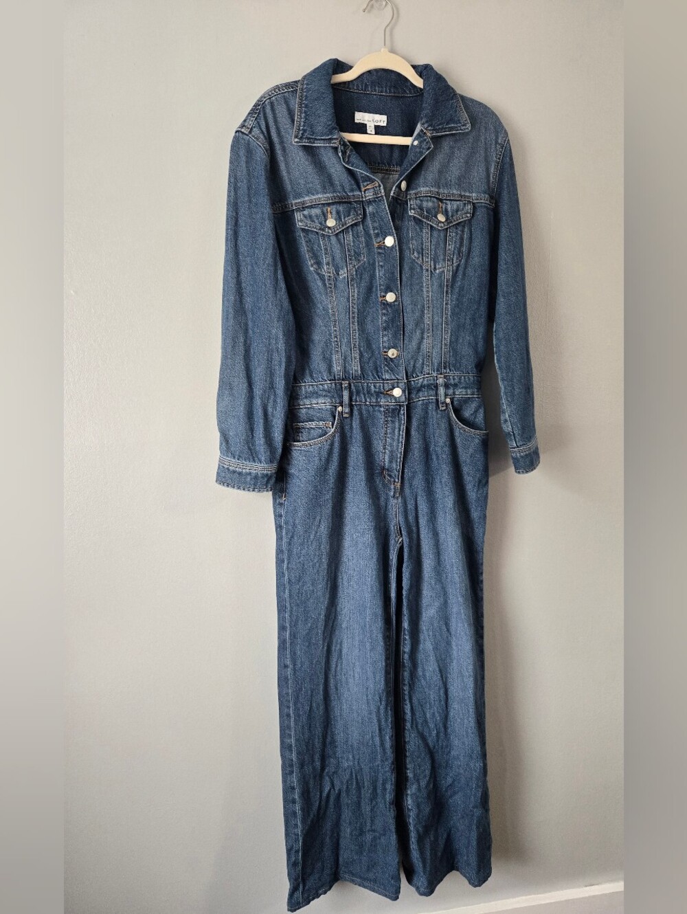 LOFT Medium Wash Denim Utility Jumpsuit Long Sleeve Wide Leg Boiler Suit Size 4